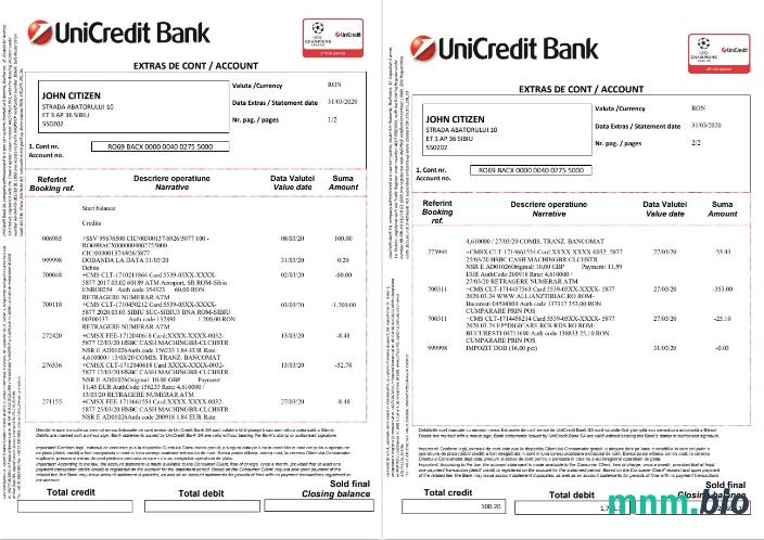 Romania UniCredit Bank 2 strony szablon w formacie excel pdf